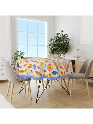 Moud's Krem Plaj Desenli Yuvarlak Süet Dertsiz Masa Örtüsü