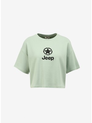 Jeep Bisiklet Yaka Baskılı Su Yeşili Kadın T-Shirt J4SL-TST7027