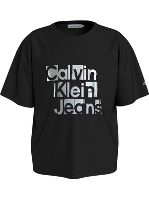 Calvin Klein Baskılı Siyah Kız Çocuk T-Shirt Metallıc Ckj Boxy T-Shırt