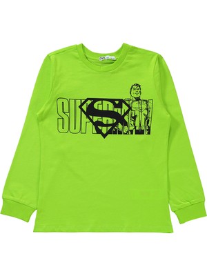 Superman Erkek Çocuk Pijama Takımı 6-9 Yaş Limon Yeşili