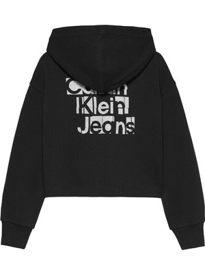 Calvin Klein Baskılı Kız Çocuk Siyah Sweatshırt Metallıc Ckj Back Logo Hoodıe