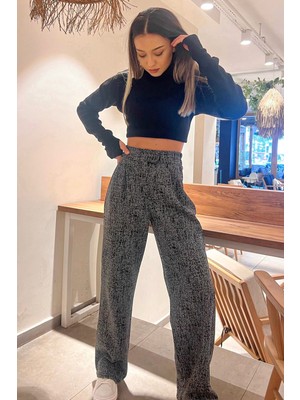 Julude Siyah Kadın Kışlık Karyağdı Desenli Bel Cırtlı Palazzo Pantolon P-00008040