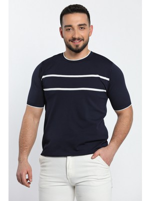 Julude Lacivert Çizgi Detaylı Bisiklet Yaka Erkek T-Shirt P-00009082