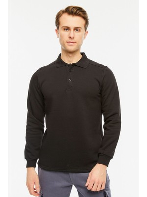 Uniprom Sweatshirt Polo Yaka Içi Polarlı 3 İplik Pamuklu Normal Kesim Erkek Siyah