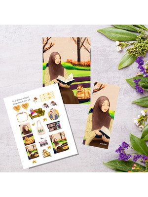 Fatofotofan Hijap Girl Temalı Kitap Ayracı,kartpostal ve Sticker 3'lü Set 23 adet etiket çıkartma