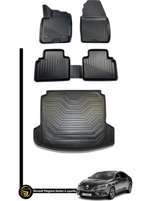 Gold Renault Megane 4 Sedan (2016-2021) 4.5D Havuzlu Paspas + Elmas Kesim Çift Kulak Bagaj Havuzu