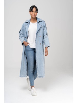 Olcay Kruvaze Apolet Detaylı Oversize Denim Trençkot Mavi 6592