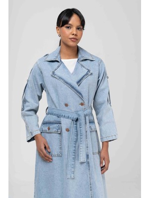 Olcay Kruvaze Apolet Detaylı Oversize Denim Trençkot Mavi 6592