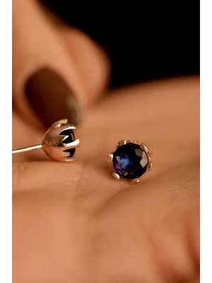 Roza Silver Aralık Mavi Topaz Doğum Taşı Rose Tektaş Çivili Gümüş Küpe