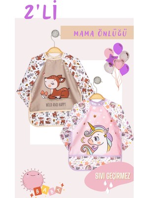 Madebyalm 2'li Sıvı Geçirmez Mama Önlüğü 6-24 Ay Uyumlu Renkli Uzun Kollu Türkiye Menşeli