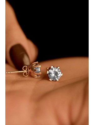 Roza Silver Nisan Zirkon Doğum Taşı Rose Tektaş Çivili Gümüş Küpe