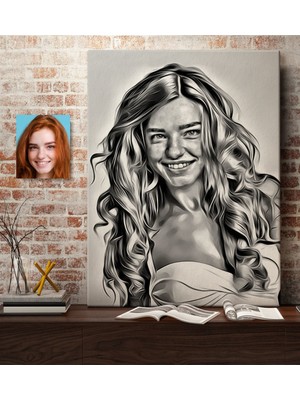 BK Kişiye Özel Kadın Soyut Karakalem Çizimli Kanvas Tablo (50 x 70 Cm.) 33