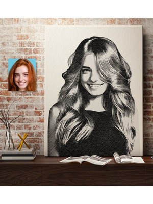 BK Kişiye Özel Kadın Soyut Karakalem Çizimli Kanvas Tablo (50 x 70 Cm.) 30