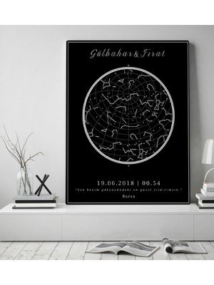 BK Kişiye Özel Tarihli Yıldız Haritası Kanvas Tablo (50 x 70 Cm.)