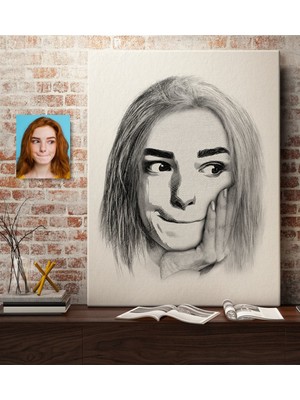 BK Kişiye Özel Kadın Soyut Karakalem Çizimli Kanvas Tablo (50 x 70 Cm.) 19