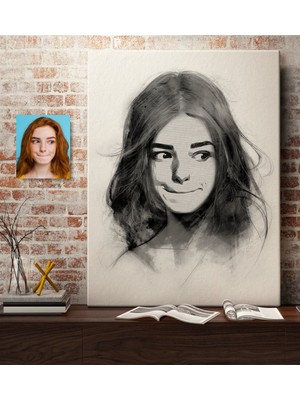 BK Kişiye Özel Kadın Soyut Karakalem Çizimli Kanvas Tablo (50 x 70 Cm.) 20