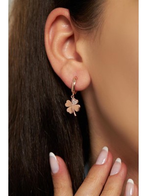 Roza Silver Zirkon Taşlı Rose Dört Yapraklı Yonca Halka Gümüş Küpe