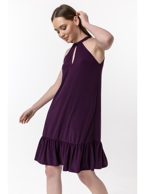 Laranor Etek Ucu Volan ve Yaka Detaylı Elbise 42 - Mürdüm