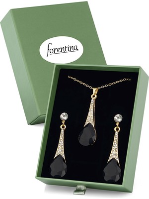 Forentina Altın Kaplama Siyah Taşlı Damla Kolye Küpe Yeşil Kutuda Hediye Takı Seti PS3352