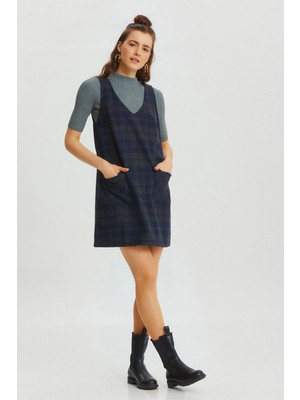 Clandestino V Yakalı Ekoseli Mini Elbise Lacivert