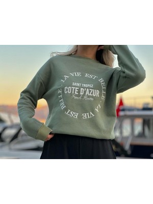 Kübra tekstil 2530 Baskılı Kadın Haki Sweatshirt