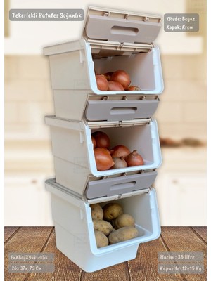 3'lü Tekerlekli Patateslik Soğanlık Erzak Kutusu Oyuncaklık Sebzelik Beyaz Krem 36 Lt
