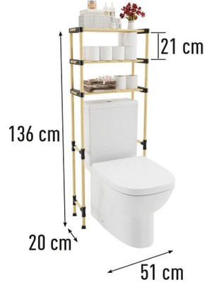 Tekno Trust Ahşap 3 Katlı Çok Amaçlı Klozet Üstü Raf 51 cm Genişlik