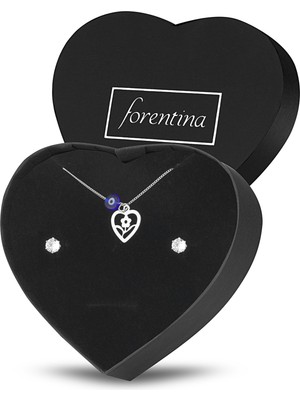 Forentina Gümüş Kaplama Kalpli Kolye Küpe Takı Seti PS3108
