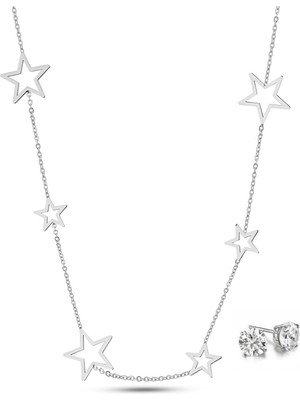 Forentina Gümüş Kaplama Yıldız Kolye Tektaş Küpe Kombin Set PS3163