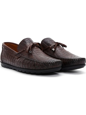 Derimod Erkek Kahverengi Kroko Desenli Deri Casual Loafer