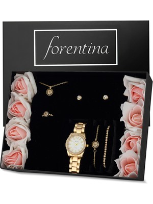 Forentina Altın Kaplama Nazar Boncuklu Kolye Bileklik Küpe Yüzük Saat - Yapay Güllü Kutuda Hediye Set PS3271