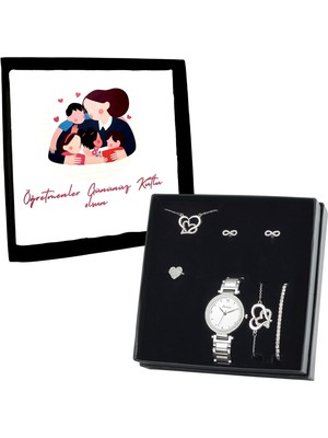 Forentina Gümüş Kaplama Çift Kalp Kolye Küpe Bileklik Yüzük Saat Öğretmenler Günü Hediye Set PS3209