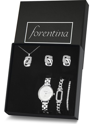 Forentina Gümüş Kaplama Kolye Küpe Bileklik Saat Hediye Set PS3141