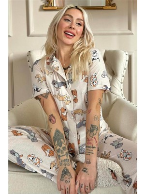 Pijama Evi Labrador Desenli Kısa Kol Önden Düğmeli Kadın Pijama Takımı