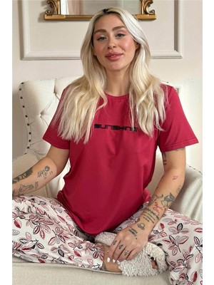 Pijama Evi Bordo Sunshine Desenli Kısa Kollu Örme Kadın Pijama Takımı