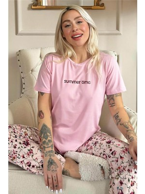Pijama Evi Pembe Summer Time Desenli Kısa Kollu Örme Kadın Pijama Takımı