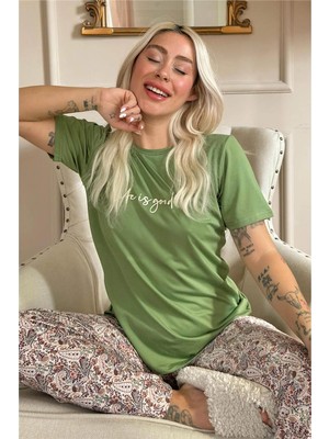 Pijama Evi Yeşil Life Is Good Desenli Kısa Kollu Örme Kadın Pijama Takımı
