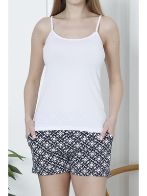 Nicoletta Kadın Şortlu Pijama Takımı Ip Askılı Pamuklu Likralı Cepli Beyaz