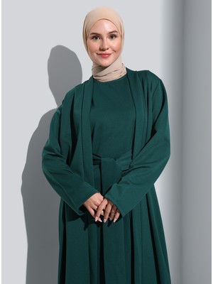 Refka Kuşak Detaylı Elbise & Ferace Ikili Takım - Zümrüt Yeşili - Refka