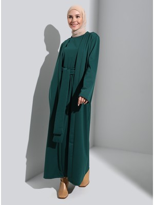 Refka Kuşak Detaylı Elbise & Ferace Ikili Takım - Zümrüt Yeşili - Refka