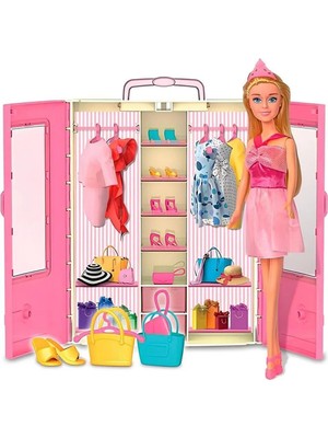 Apexma Linda'nın Bebekli Gardrobu - Oyuncak Taşınabilir Gardrop - Çanta, Askı, Ayakkabı ve Bebek Dolabı