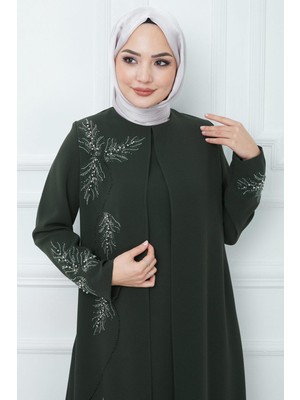 Hafsa Mina Büyük Beden Yaprak Taşlı Anne Elbisesi Haki HM2350