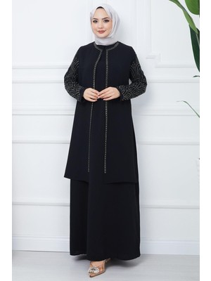Hafsa Mina Kolları Taşlı Büyük Beden Anne Elbisesi Siyah HM2349