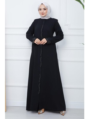 Hafsa Mina Petek Kumaş Büyük Beden Taşlı Ferace Siyah HM2352
