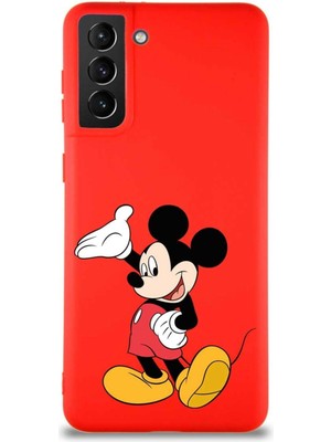Printify Samsung Galaxy S21 Plus Soft Premier Kapak Mickey Mouse-C Tasarımlı Silikon Kılıf - Kırmızı