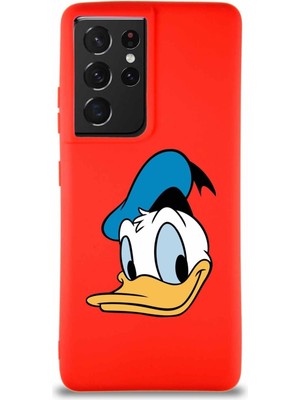 Printify Samsung Galaxy S21 Ultra Soft Premier Kapak Donald Duck-B Tasarımlı Silikon Kılıf - Kırmızı