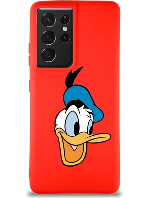 Printify Samsung Galaxy S21 Ultra Soft Premier Kapak Donald Duck-A Tasarımlı Silikon Kılıf - Kırmızı