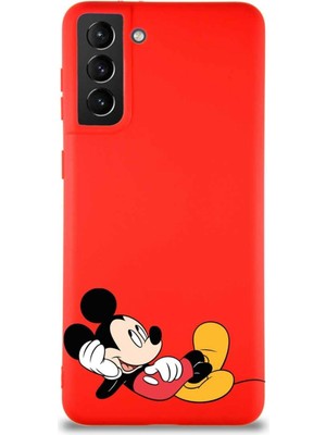 Printify Samsung Galaxy S21 Plus Soft Premier Kapak Mickey Mouse-F Tasarımlı Silikon Kılıf - Kırmızı