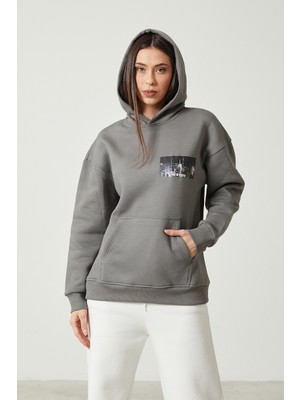 Twenty3 Kadın Kapüşonlu Kanguru Cepli 3 Iplik Şardonlu Kalın Sweatshirt