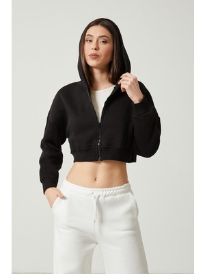 Twenty3 Kadın Basic Fermuarlı Kapüşonlu Crop Kalın Içi Polarlı Örme Sweatshirt